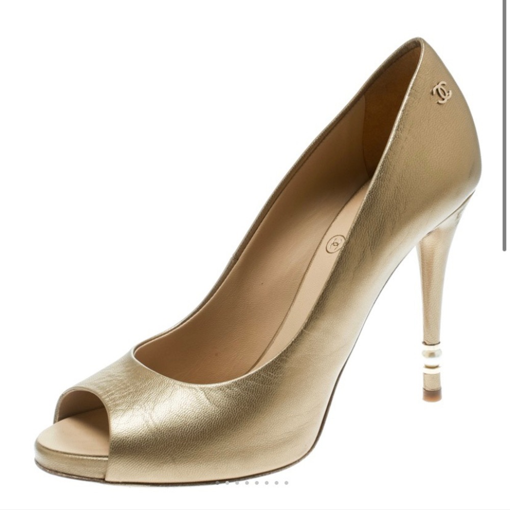 Chanel Gold Pearl Embellished Heel Peep Toe Pumps